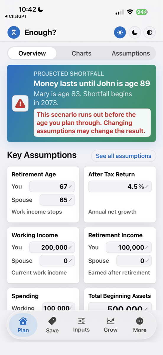 Enough? plan overview screen on an iPhone