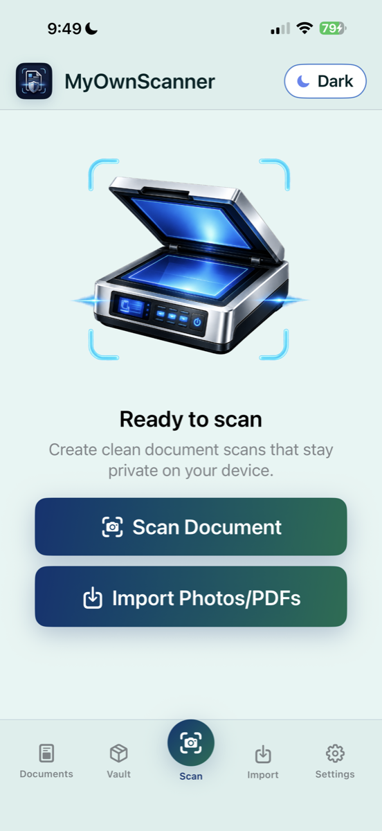 MyOwnScanner scan screen on an iPhone